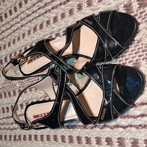 PRADA 38.5 made in Italy black heel sandals, much loved, orig. $1,295.00